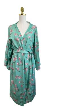 Garnet Hill Organic-Cotton Green Floral Women’s Kimono Robe Size Large